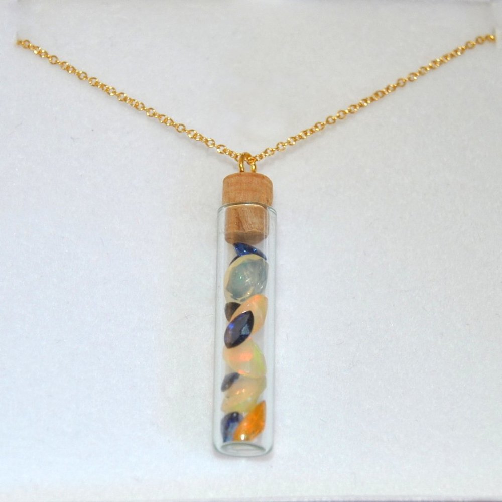 Natural Opal and Blue Sapphire Bottle Vial Pendant Necklace